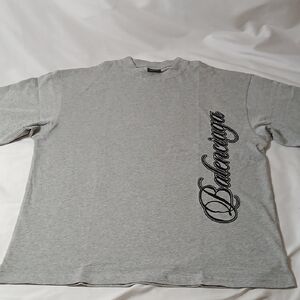 Balenciaga Gray Cursive Embroided Logo Short Sleeve Tee